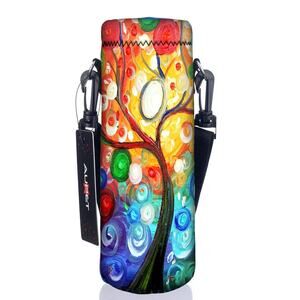 NWT Neoprene Water Bottle Holder Carrier Bag Colorful Tree Art Strap Adjustable